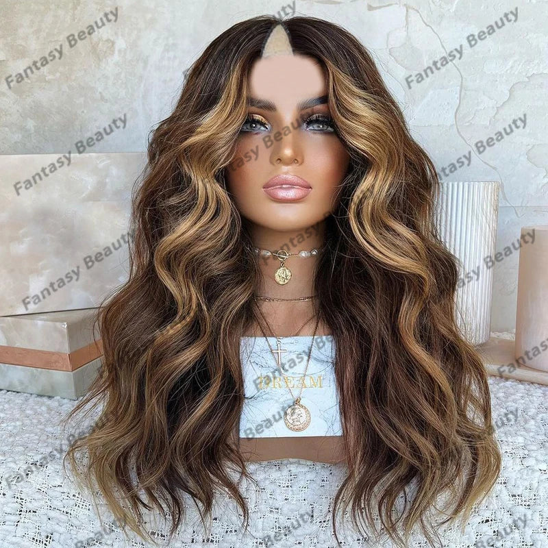 Highlight Human Hair Honey Brown1x4 Opening V Part Wigs with Clips Glueless 30Inches Dark Brown V Part Wigs for Women Easy Wear