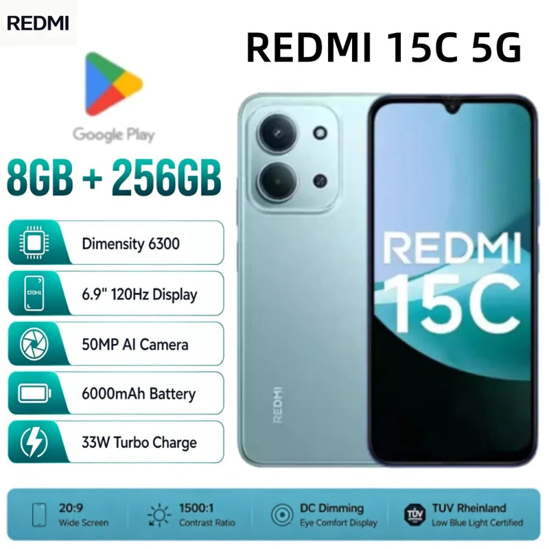 2026 new Redmi 15C 5G 8GB+256GB Smartphone, Dimensity 6300, 120Hz Display, 50MP AI Camera, 6000mAh Battery, 33W Turbo Charge