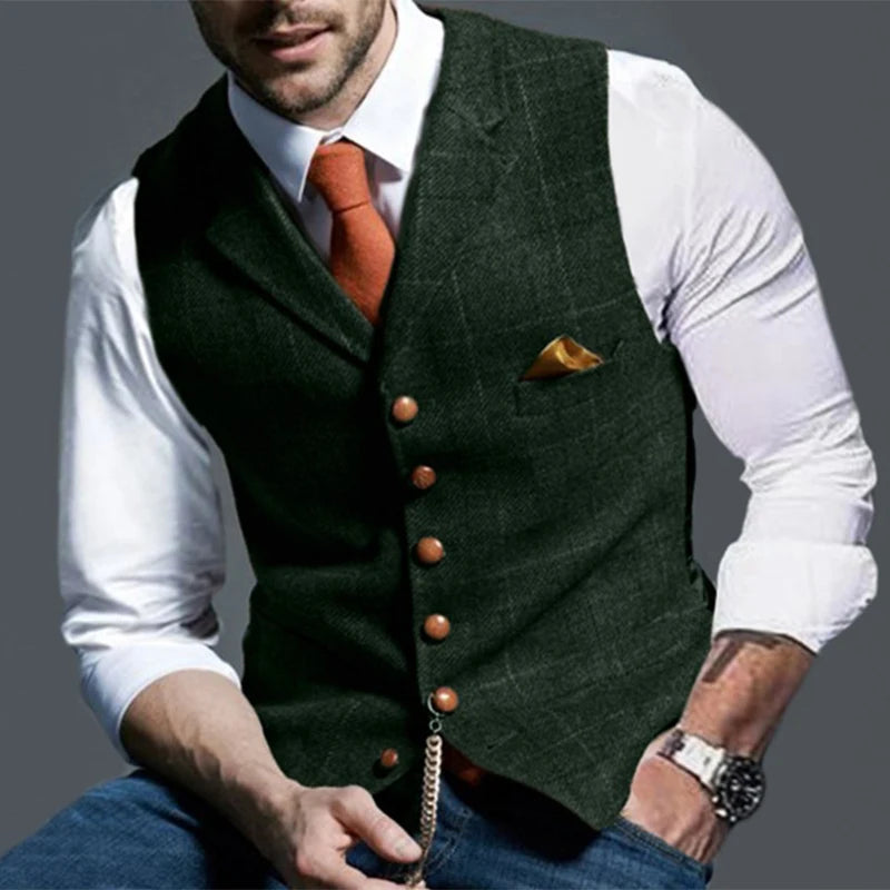 Fashion Men's Vests Lapel Tweed Plaid V-neck Waistcoat Slim Fit Vest Business Formal Dress Suit Casual Wedding Tuxedo Male Vest