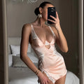 Ellolace Sexy Deep-V Neck Satin Dress Sexy Lingerie Lace Patchwork Split Sissy Night Dress Women Slip Dress Silk Nightwear