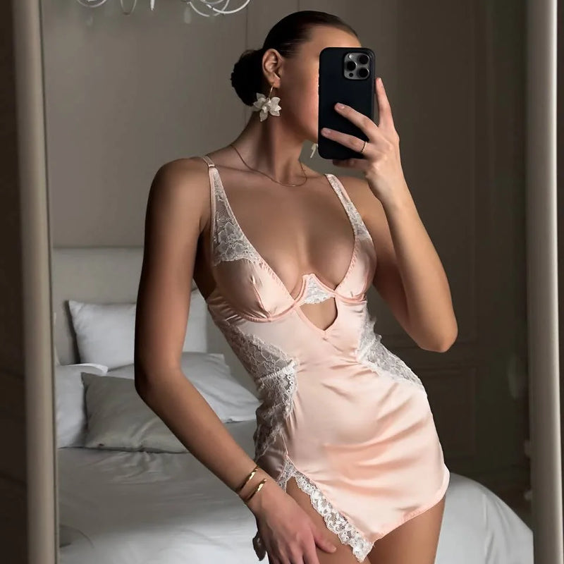 Ellolace Sexy Deep-V Neck Satin Dress Sexy Lingerie Lace Patchwork Split Sissy Night Dress Women Slip Dress Silk Nightwear