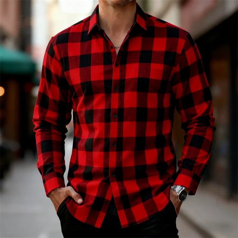 Men's Classic Red and Black Plaid Long-Sleeved Shirt | SAMAG