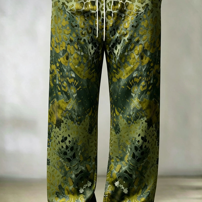 Men's Purple Yellow Leopard Floral Mixed Print Wide Leg Pants Lightweight Loose Trousers For Festival Street - View 3 | SAMAG