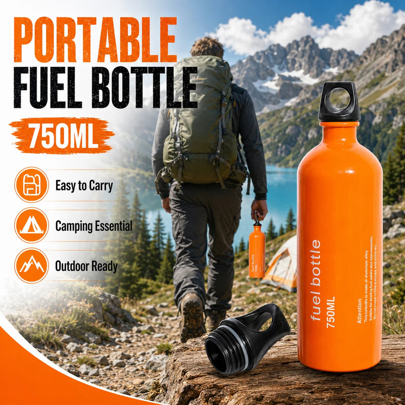 750ml Aluminum Fuel Bottle Camping Stove Gas Oil Storage Can Leakproof Orange Lightweight Outdoor Fuel Container for Backpacking Hiking Picnic Camp Burner Refill Portable Travel Bottle Durable Safety Cap Camping Gear Accessor