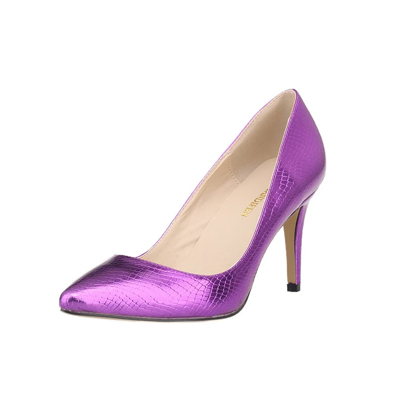 Women Shoes Fashion 8cm Sexy Crocodile Pattern Pointed Toe High Heels Pumps Office Med Heels Gold Silver Wedding Shoes Plus Size