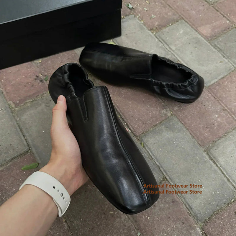 Square Toe Slip On Loafers Men's Black Leather Casual Shoes Business Casual Leather Shoes Flat Trendy Handmade Men's Shoes