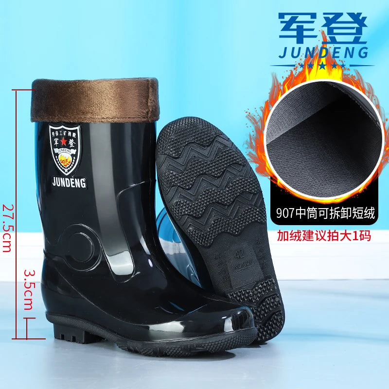Large Size Men's Rain Boots High Tub Waterproof Anti-slip Work Site Rubber Shoes Fleece Lined Durable Plastic Outsole