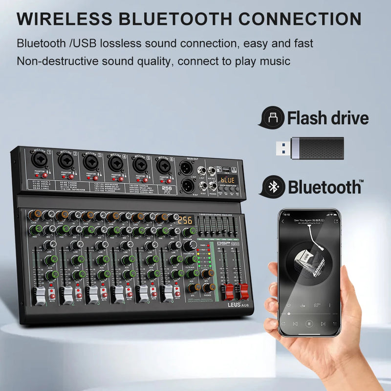 LEUS AU6 Channel Audio Mixer with 256 DSP Effects - 48V Phantom Power, Bluetooth & USB Connectivity, Supports PC Recording, DJ M