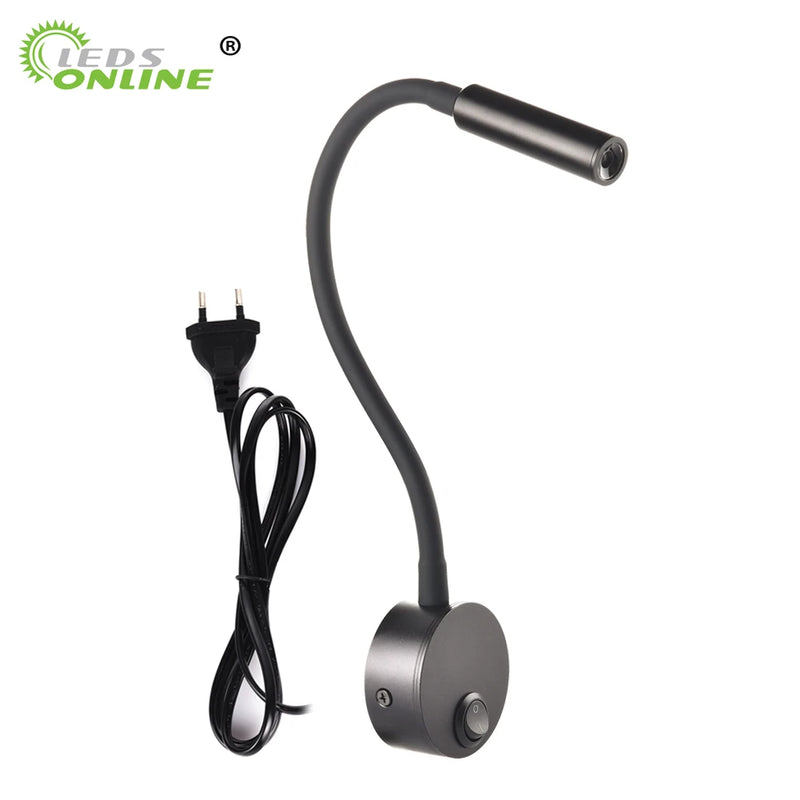 LED Wall lamp 3W Modern Bedroom Bedside Reading Study Book Lamp Black Silver Light Body wall light EU US Plug Cord