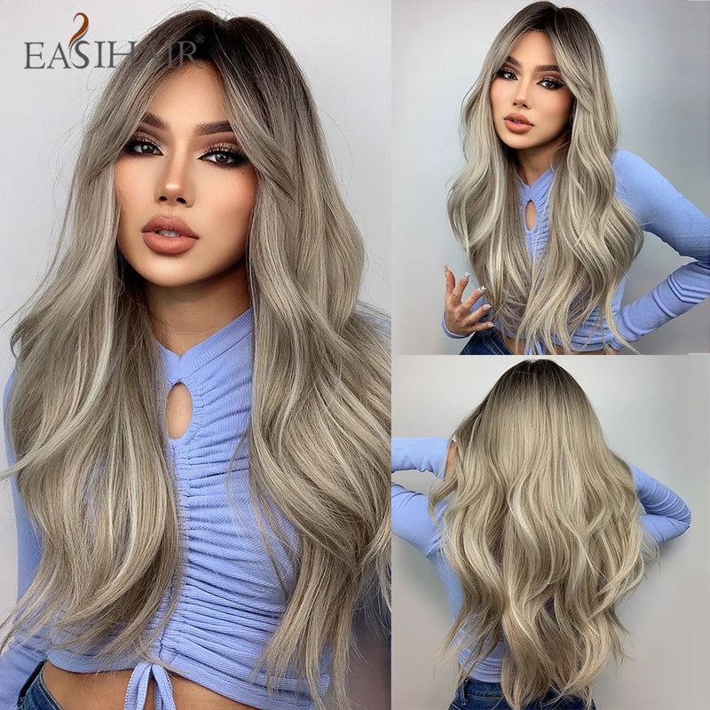 Long Blonde Ombre Brown Synthetic Wigs Water Wavy Platinum Wigs with Bang Hair Wig for Women Daily Cosplay Party Heat Resistant