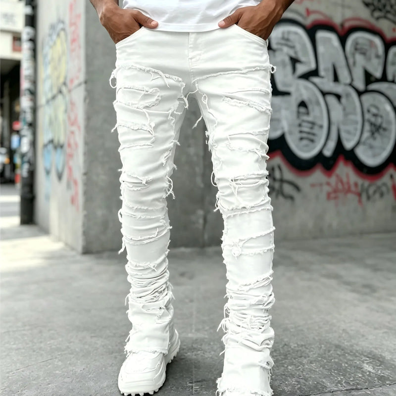 HME Men's White Denim Pants, Stacked Ripped Slim Flared | SAMAG