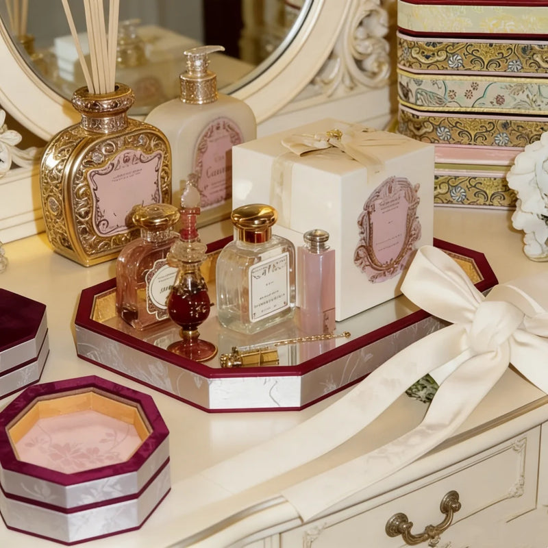 Luxury Chinese Vintage Silk Wooden Jewelry Box, Countertop Display Tray for Perfume Ring Bracelet, Velvet Gemstone Jade Storage