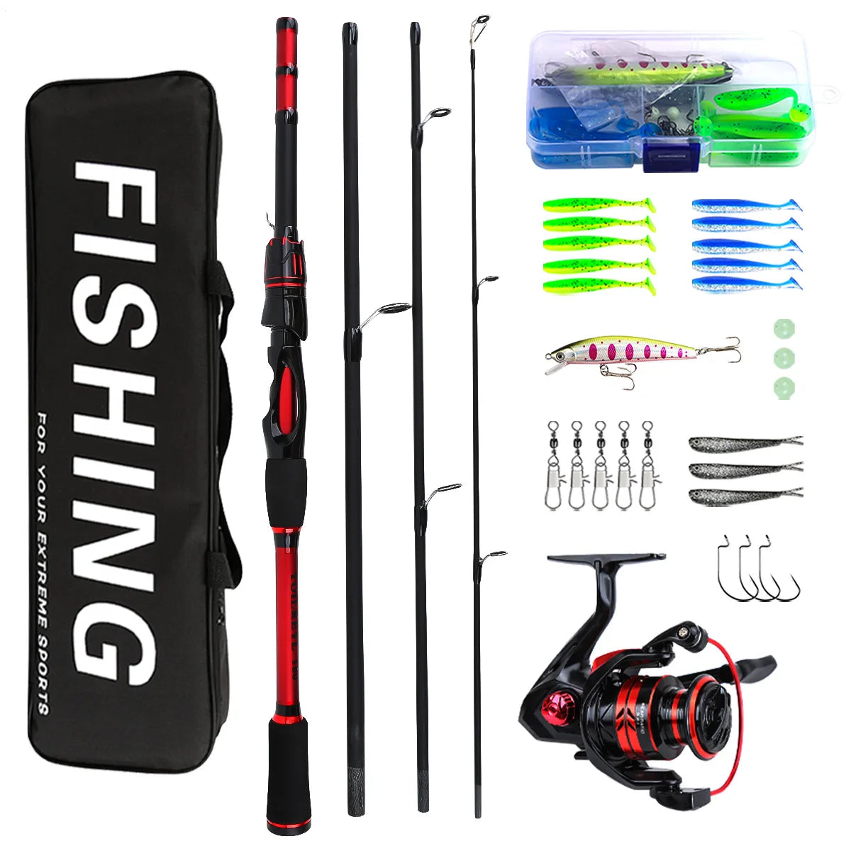 1.8m New 4-Section Lure & Sea Fishing Rod Full Set, Long Casting Spinning Rod Complete Fishing Tackle Kit for Saltwater Fishing