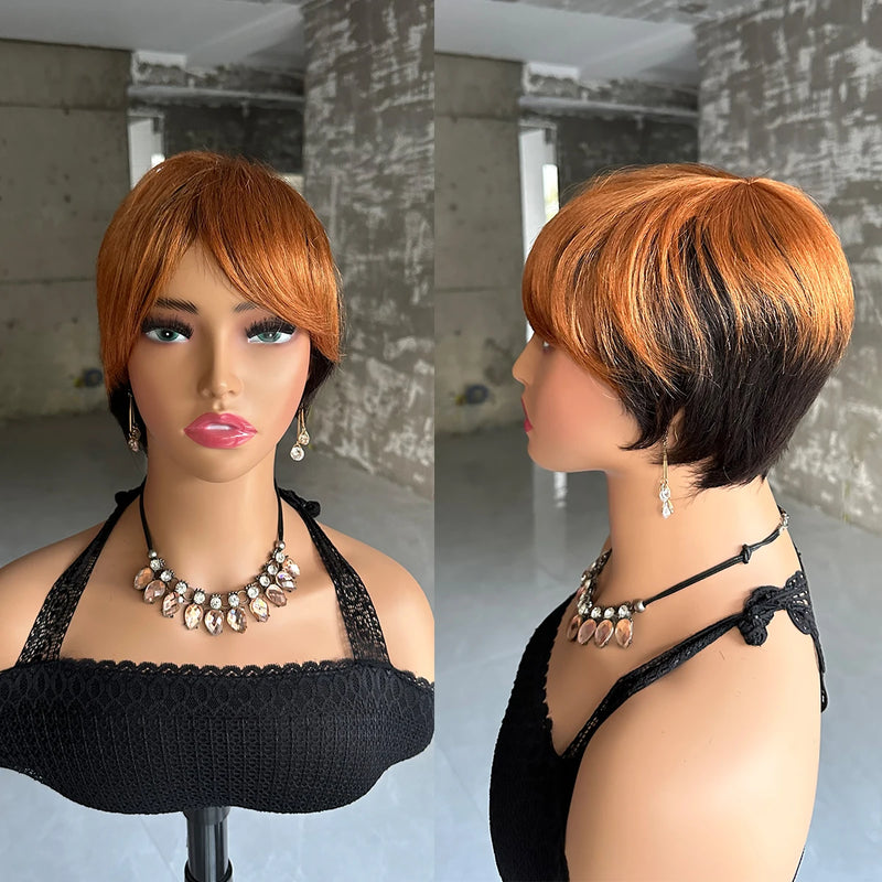 Straight Short Pixie Cut Wigs With Bangs For Women Ombre Brown Red Brazilian Human Hair Wigs Full Machine Made Wigs