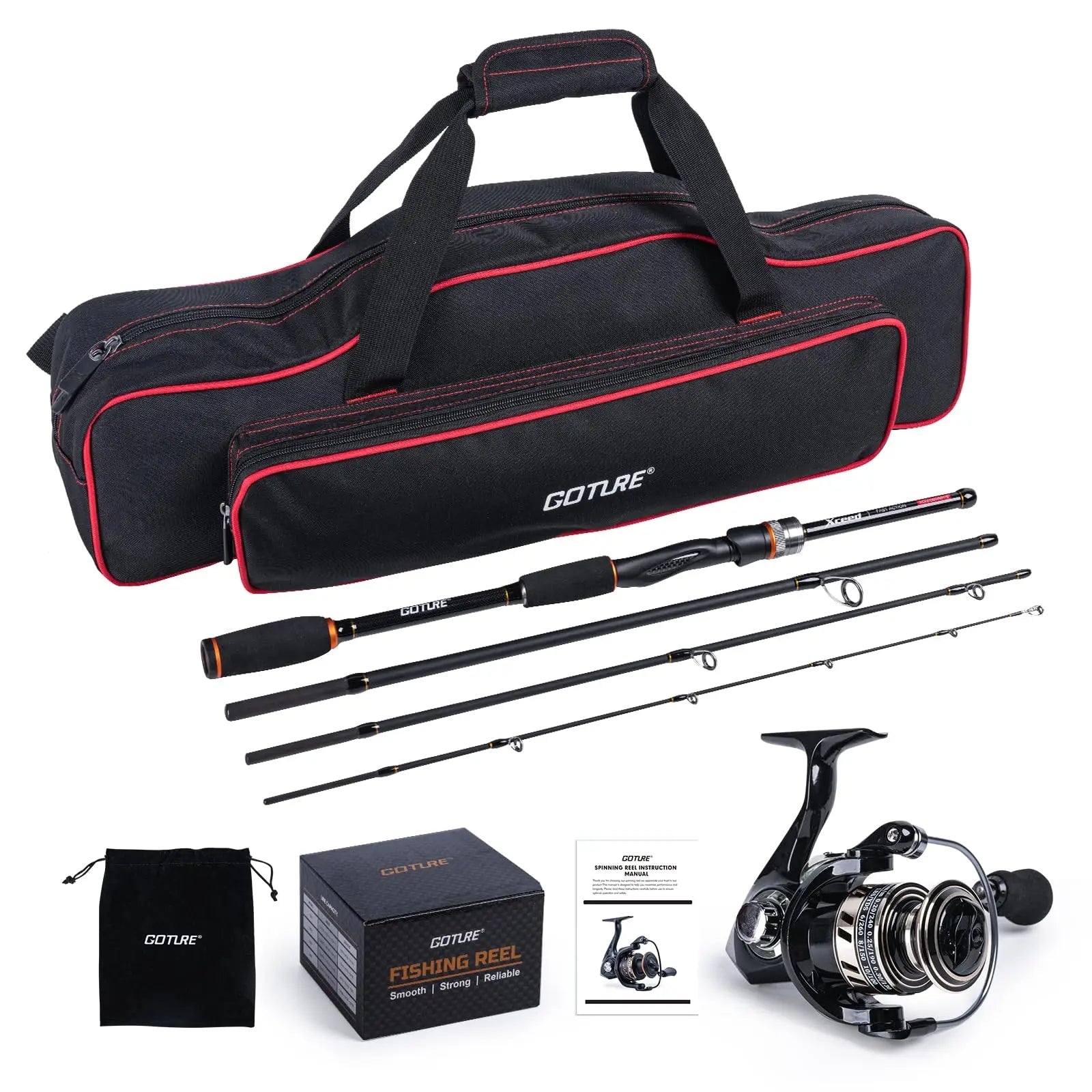 Goture Spinning Reel and Rod Combo Set Portable 1.98-2.1m Fishing Rod and 3000 Spinning Reel with Zippered Storage Bag Tackle