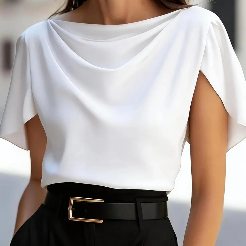 Women's Short Sleeve Cowl Neck Blouse Elegant Draped - View 6 | SAMAG