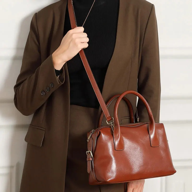 Genuine Leather Women's Bag Vintage Luxury Designer Boston Handbag Women Versatile Shoulder Bag Cowhide Female Crossbody Bags