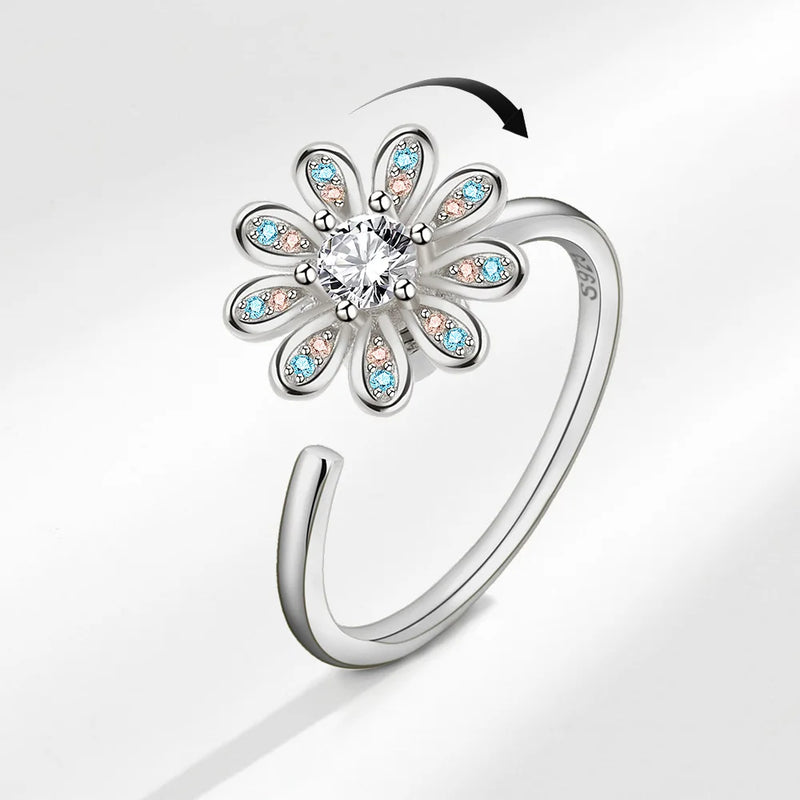 VENTFILLE 925 Sterling Silver Sunflower Diamond Zircon Rotatable Ring For Women Gift Relieve Stress Ring Jewelry Wholesale