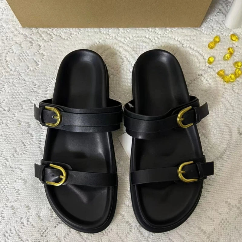 Women's Flat Slide Sandals Double Strap Buckle Premium Soft PU Leather Open Toe Casual Summer Beach Slippers 2026