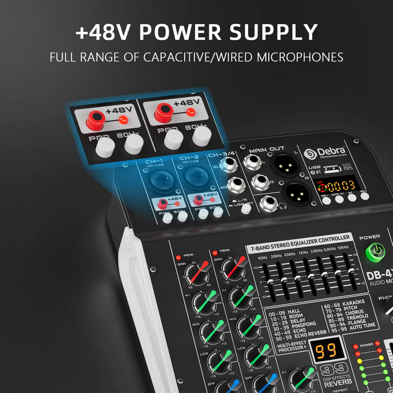 Debra DB-4X 4-Channel Professional Mixer And Sound Card, Bluetooth 5.0, +48V, Multifunctional Input Support, For PC Recording
