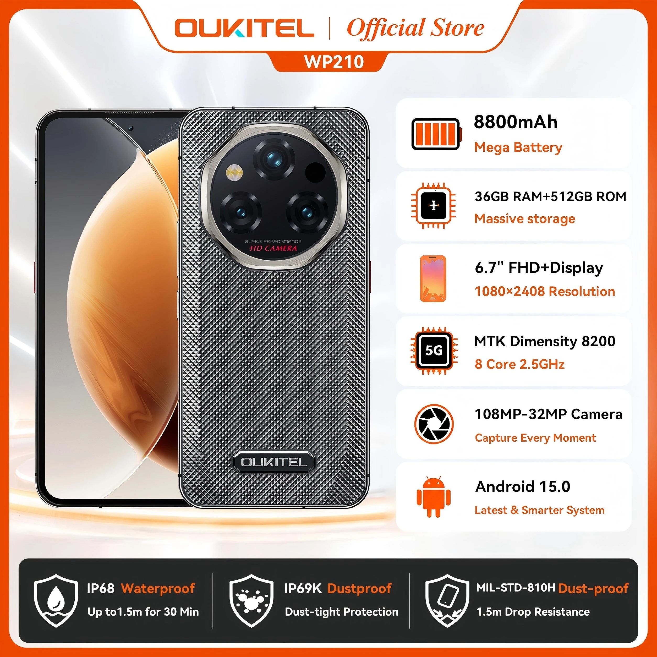 OUKITEL WP210 8800mAh 45W Rugged Phone - MTK 8200, 36GB+512GB, 6.7" FHD+, NFC, 108MP Camera Android15 5G Smartphone