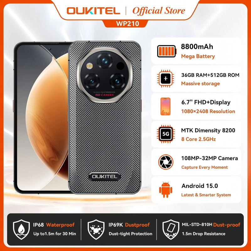 OUKITEL WP210 8800mAh 45W Rugged Phone - MTK 8200, 36GB+512GB, 6.7" FHD+, NFC, 108MP Camera Android15 5G Smartphone