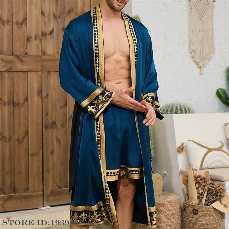 Men Pajama 2PCS Robe Set Spring Summer New Silk Satin Sleepwear Kimono Bathrobe Gown Loose Casual Home Clothing Loungewear