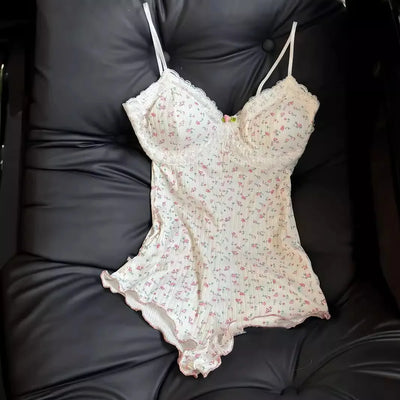 Women Sexy Floral Print Bodysuit Lace Trim Sleeveless | SAMAG