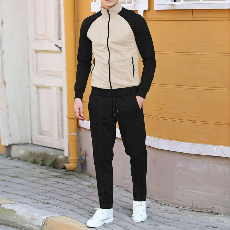 Europe and the United States new spring and autumn men's leisure waffle lattice color long - sleeved stand - View 5 | SAMAG