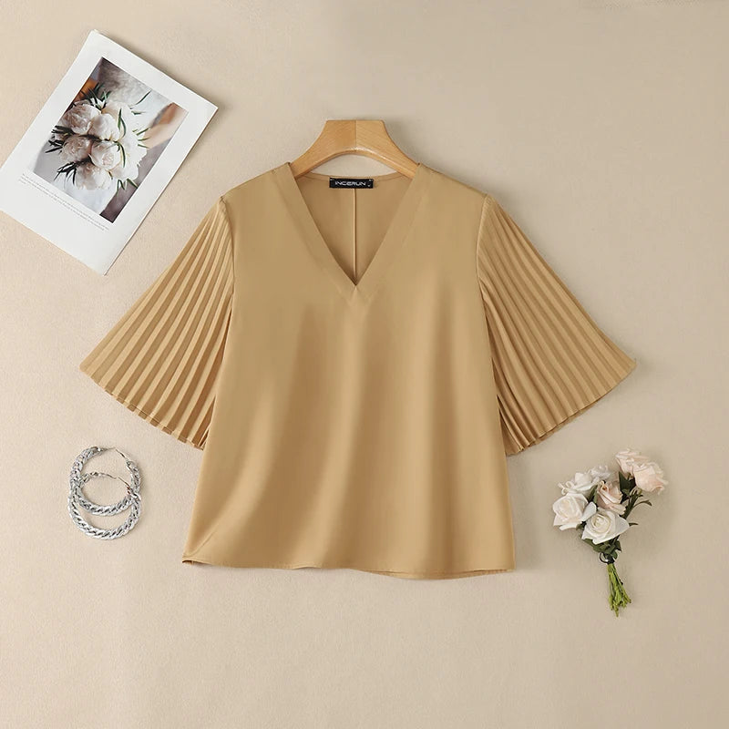 ZANZEA Summer Elegant V Neck Short Sleeve Blouse Women - View 9 | SAMAG