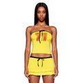 Women Retro Print 2 Piece Set Yellow Strapless Tube Top Drawstring Ruffle Mini Skirt Y2K Streetwear Club Party Matching Outfit