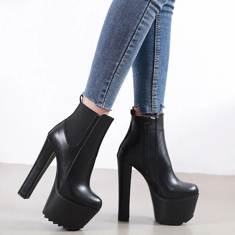 New Autumn Winter Platform High Heels Women Ankle Boots Black PU Leather Round Toe Fashion Female Thick heel Shoes Large size