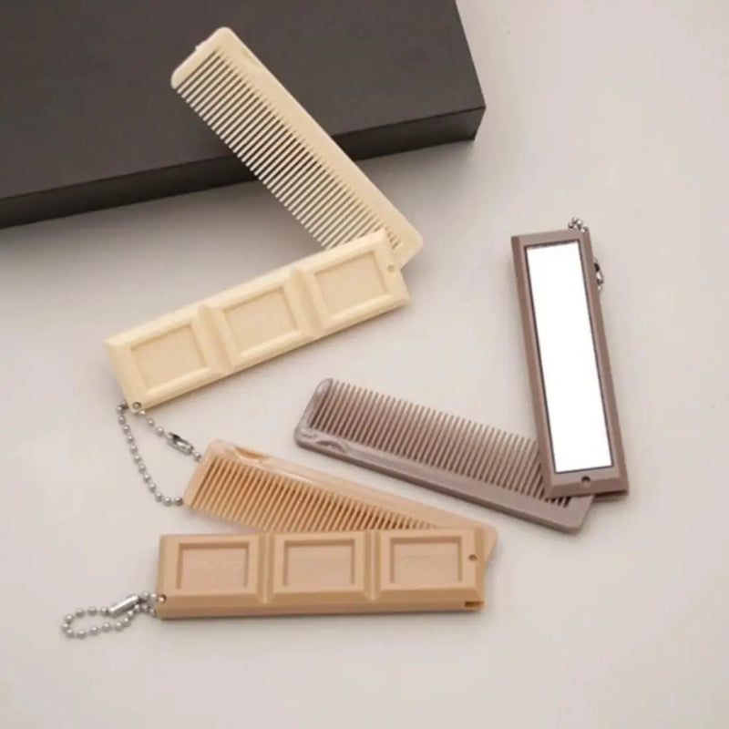 2 in 1 Portable Folding Comb Chocolate-Shaped Mini Compact Hair Comb with Mirror Creative Travel Hair Smooth Styling Tool