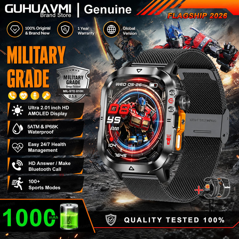 New Bumblebee Military Smart Watch 1000mAh Bluetooth Call LED Flashlight BP Monitor 100+Sports 5ATM Waterproof For iOS Android