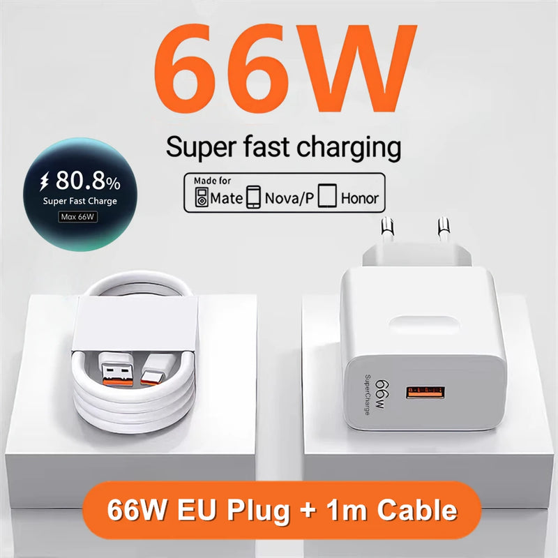 6A 66W Super Fast EU Charger For Huawei Mate 50 60 P60 Nova 12 13 Honor 200 400 Magic 4 5 6 7 Pro Type C USB Quick Charge Cable