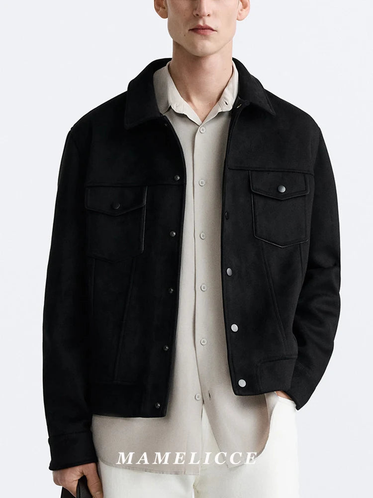 MAMELICCE Original design Faux Suede Jacket Short Men's Casual Outerwear Vintage color turn-down collar jackets coats
