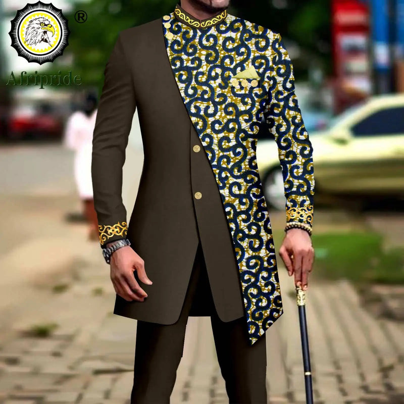 African Suits for Men Embroidery Print Blazer and Pants Set Business Dress with Kerchief Party Wedding - View 8 | SAMAG