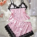 Summer Silk Satin Women's V-Neck Sexy Lace Suspender Pajama Shorts Set Stripes Heart Casual Women's Sleeveless Sexy Pajama Set