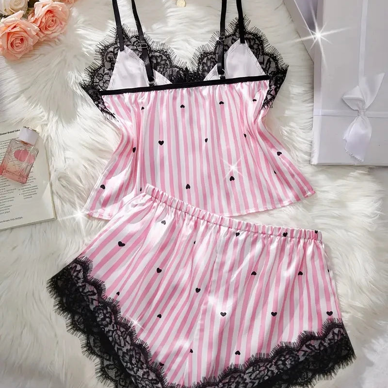 Summer Silk Satin Women's V-Neck Sexy Lace Suspender Pajama Shorts Set Stripes Heart Casual Women's Sleeveless Sexy Pajama Set
