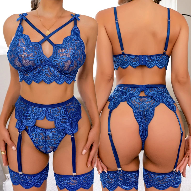 Porn Plus Size Sexy Lingerie Bra And Panty Garters 3pcs See Through Sexy Hollow Out Women's Underwear Set Erotic Lace Bra Set