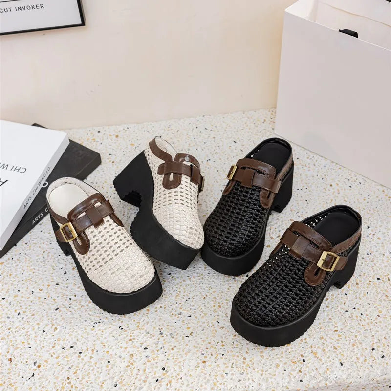 Women's Summer Slippers Mesh Holes 2026 New Women's Platform Mules 9cm High Heel  Woven Slippers Women