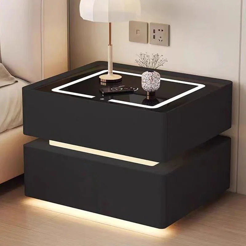 Modern Style Solid Wood Bedside Table with Wireless Charging Smart 2 Drawers Bedroom Nightstands with Lock 40/45/50cm