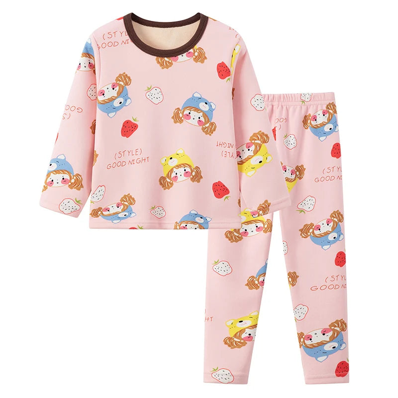 2-piece Autumn And Winter Children's Plush Thick Warm Home Underwear Set For Boys And Girls Fun And Cute Tops Comfortable Pants