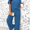 2 Counts Women's Plus Size Textured Batwing Sleeve Tee & Elastic Waist Pants Set, Casual Short Sleeve T-shirt & Straight Leg Tro