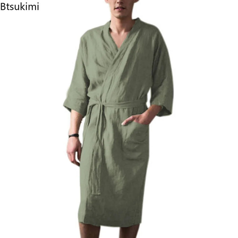 2026 Spring Autumn Men's Nightgown Cotton and Linen Robes Kimono Medium and Long Nightgown Homewear Bath Steamed Clothes Male