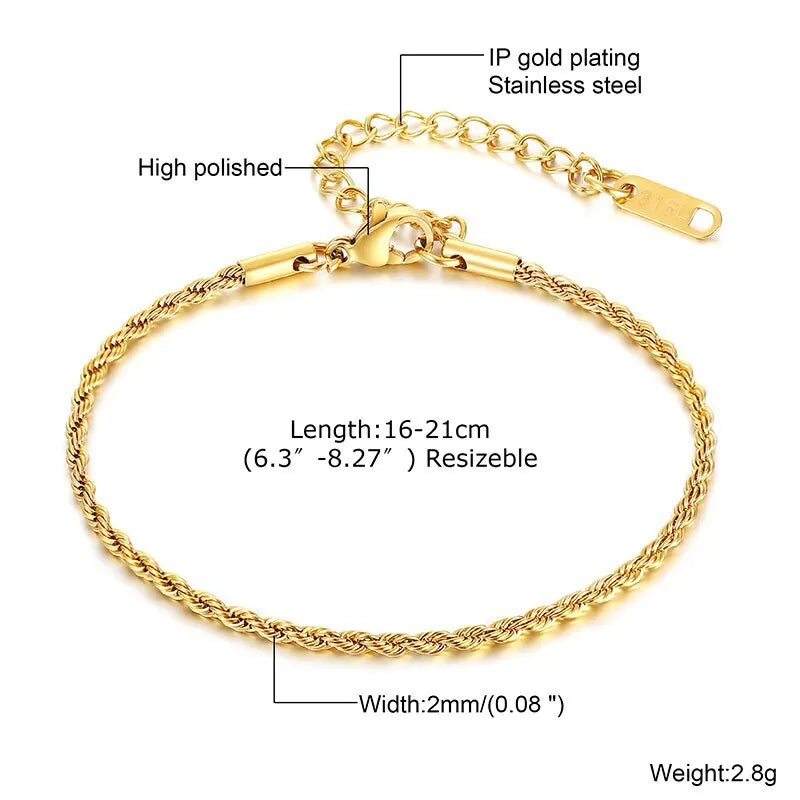 Hip Hop Men's Stainless Steel Rope Chain Bracelets,2/3/4/5mm Gold Color Adjustable Twisted Chain Wristband,Punk Casual Jewelry