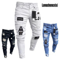 New White Embroidery Jeans Men Cotton Stretchy Ripped | SAMAG