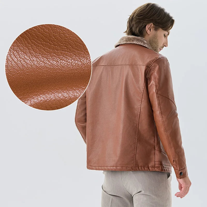 Faux Leather Men Jacket Thickened Plush Lining Warm PU Leather Jacket Business Casual Leather Jacket Winter Faux Fur Collar Coat