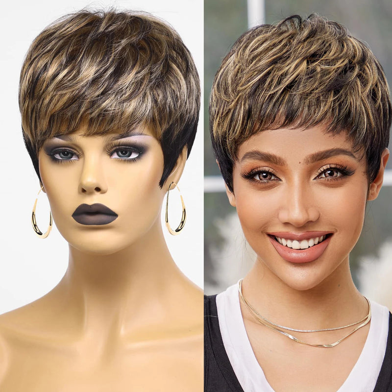 Short Ombre Blonde 100% Human Hair Wigs for Women Afro Remy Wig with Bang Pixie Cut Layered Human Hair Machine Made Women Wigs