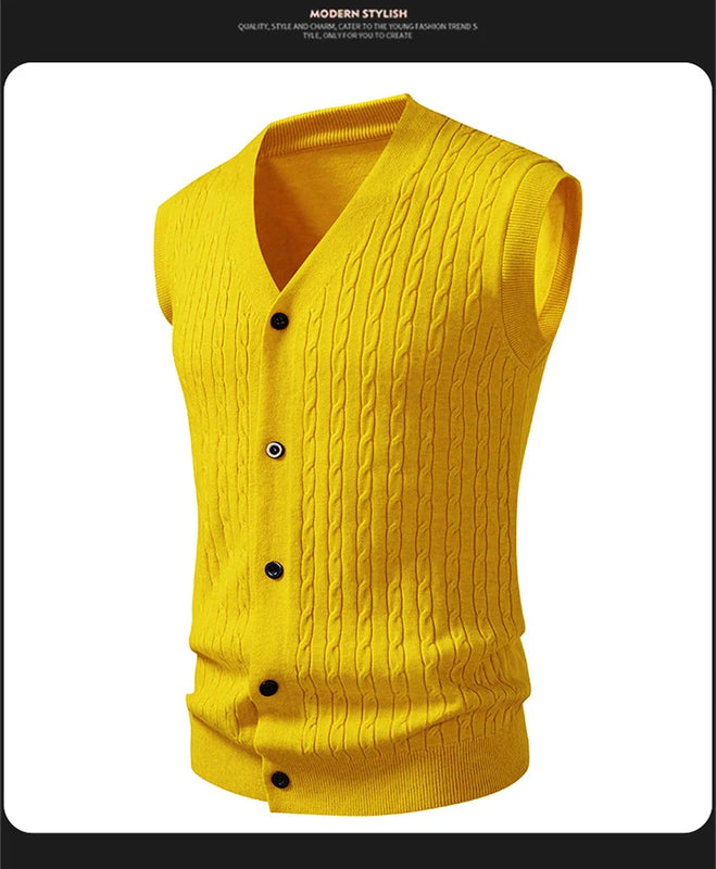 Beige Men's Sleeveless Knit Vest; Pullover Vests for Fall and Winter, Available in Yellow, Gray, Khaki, and Blue.